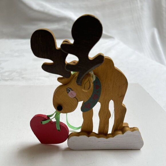 Vintage Wooden Rudolph Reindeer Heart 1989 Christmas Decor Hanging Wood Repaired - Picture 2 of 6